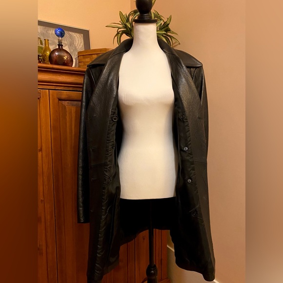 SOLD Express Double Breasted Black Leather Pea Trench Coat Vintage - Picture 6 of 10